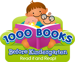 Cartoonish children and bookworm reading a book. Text reads 1000 books before kindergarten Read it and reap!