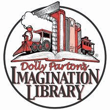 Books surrounded by train bookends on an open book. Text reads Dolly Parton's Imagination Library