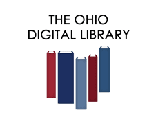 A row of books shaped like Ohio Text reads the Ohio Digital Library