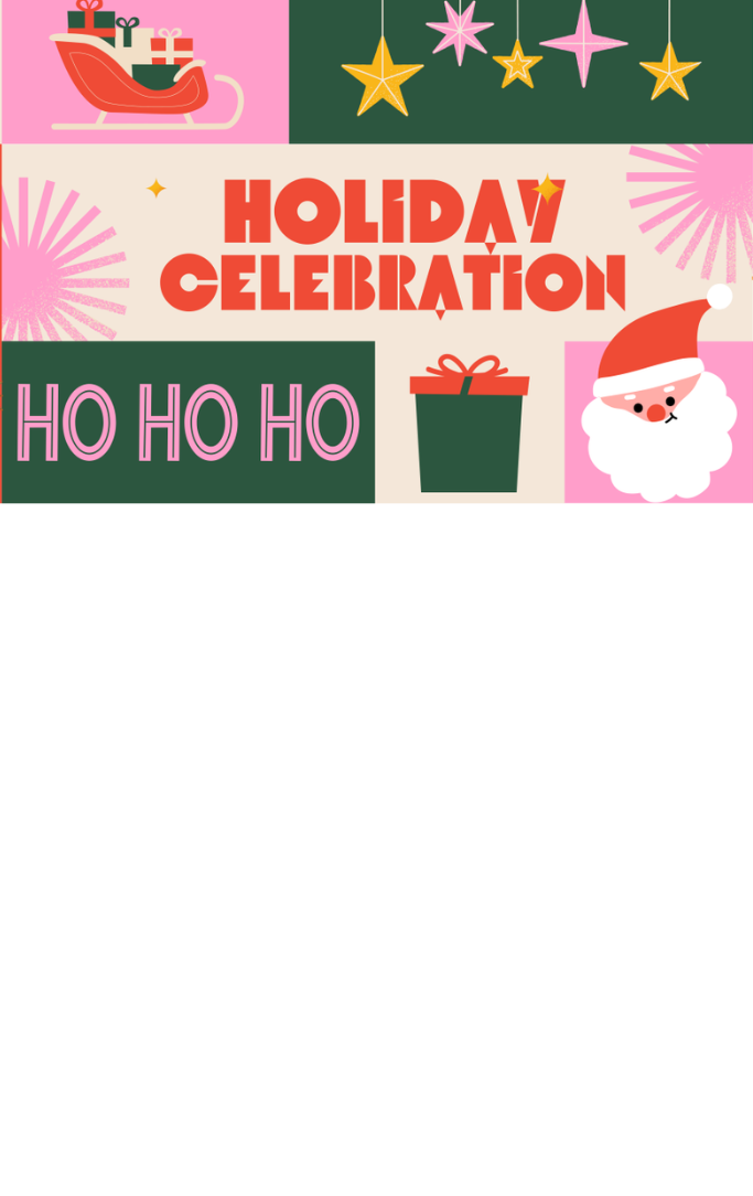 red text reading holiday celebration on a multi-colored background with a santa, sleigh, and presents