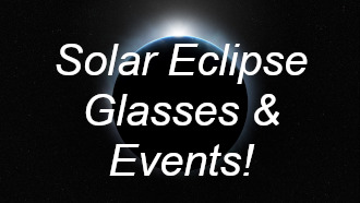 Image of a solar eclipse with the words "Solar Eclipse Glasses & Events" superimposed