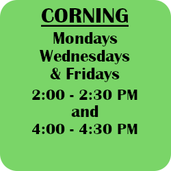Corning snacks, Monday Wednesday and Friday 2-2:30 PM or 4-4:30 PM