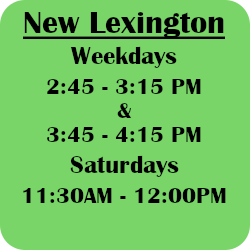 new lex snacks weekdays 2:45-3:15 and 3:45-4:15. Saturdays 11:30am-noon